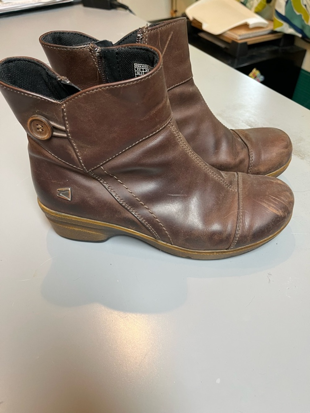 Keen Brown Leather Ankle Booties with Side Button Detail